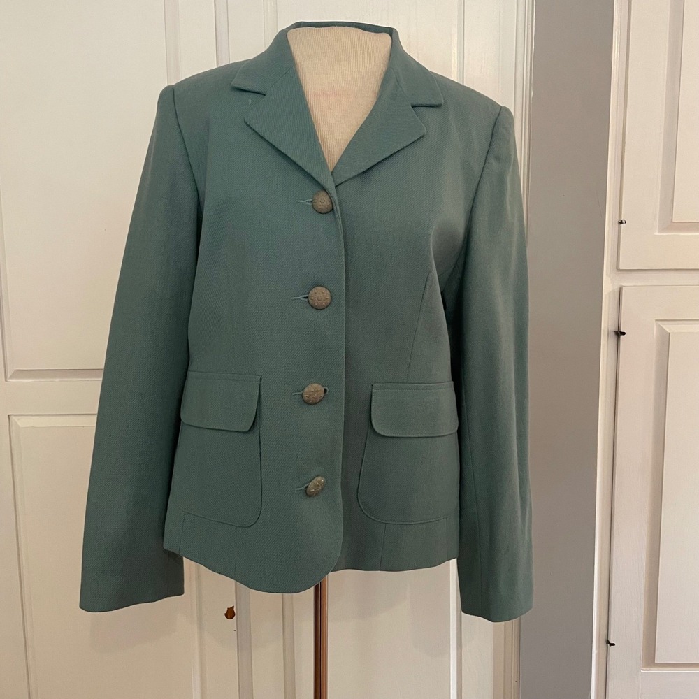 Sag Harbor Wool Blend Blazer Teal‎ Green Textured Buttons Womens's Size 8 Career